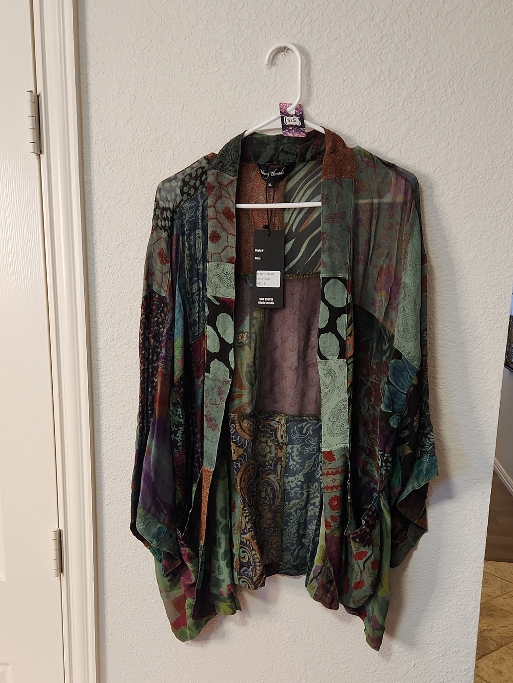 515.Young Threads Bohemian Patchwork Kimono Jacket - Green Multi - Picture 2 of 4